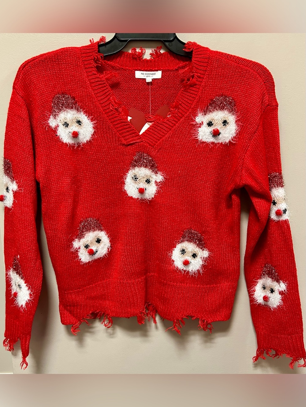 Red Holiday Fuzzy Snowman V-Neck Sweater No Comment Girls Sz 14 NWT
